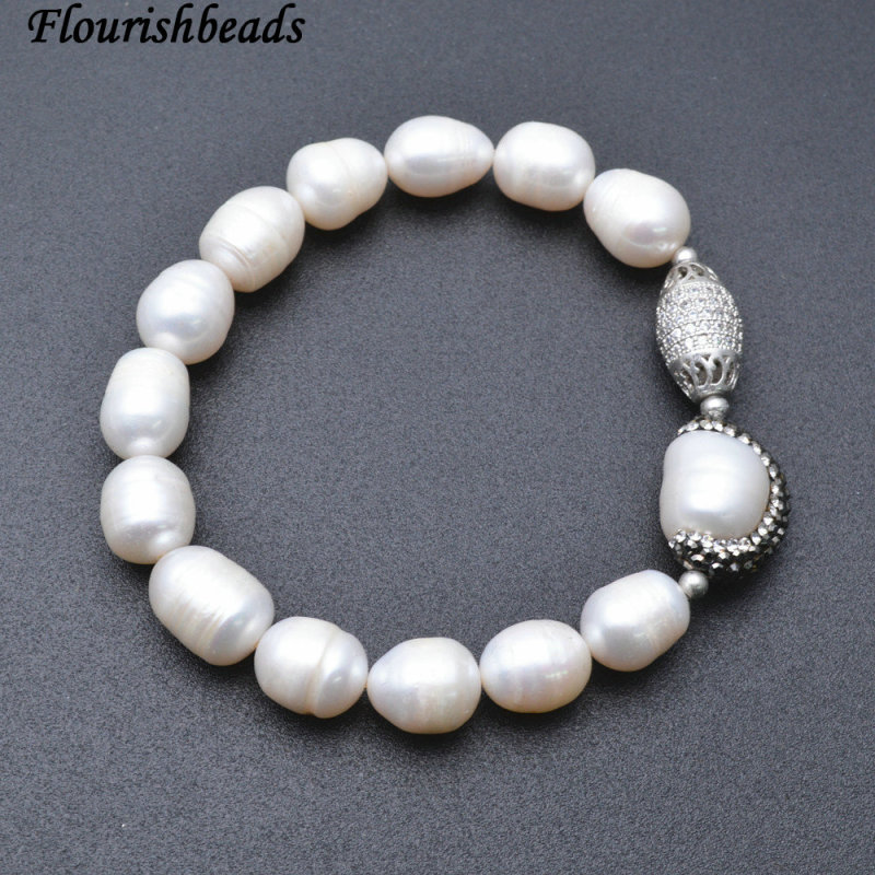 Natural White Pearl Beads Paved CZ Metal Charm Bracelet Jewelry