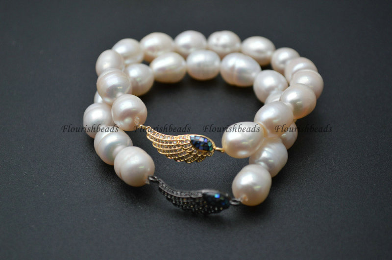 Natural White Pearl Potato Beads Paved CZ Angel Wings Metal Charms Stretch Bracelet Wholesale Jewelry