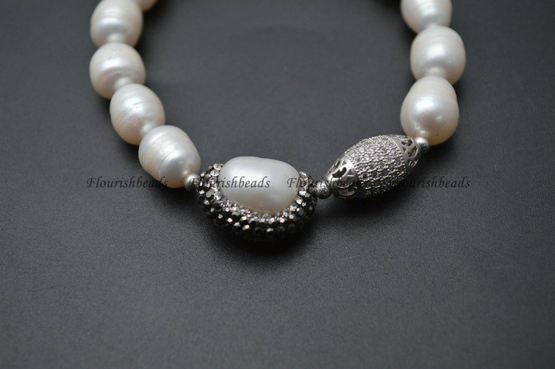 Natural White Pearl Beads Paved CZ Metal Charm Bracelet Jewelry