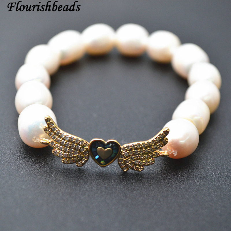 Natural White Pearl Potato Beads Paved CZ Double Angel Wings Metal Charms Stretch Bracelet Wholesale Jewelry