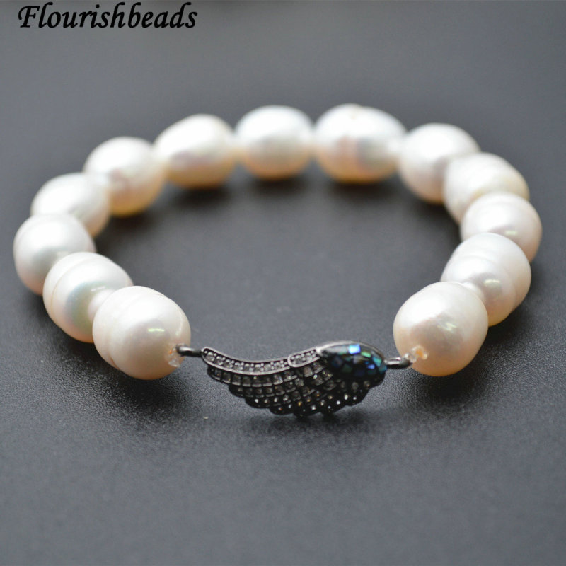 Natural White Pearl Potato Beads Paved CZ Angel Wings Metal Charms Stretch Bracelet Wholesale Jewelry