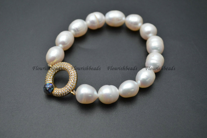 Natural White Pearl Potato Beads Paved CZ and Abalone Shell Gold color Metal Round Circle Charms Bracelet Jewelry