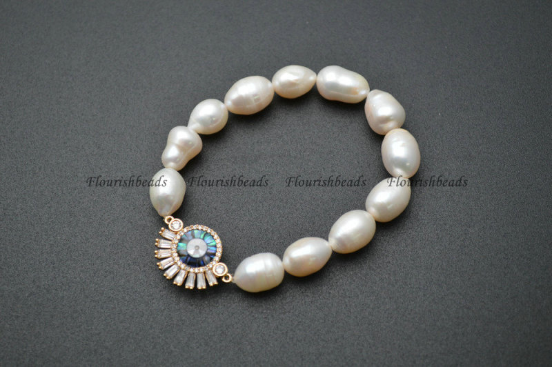 Natural White Pearl Beads Paved CZ Metal Sun Charms Stretch Bracelet Wholesale Jewelry