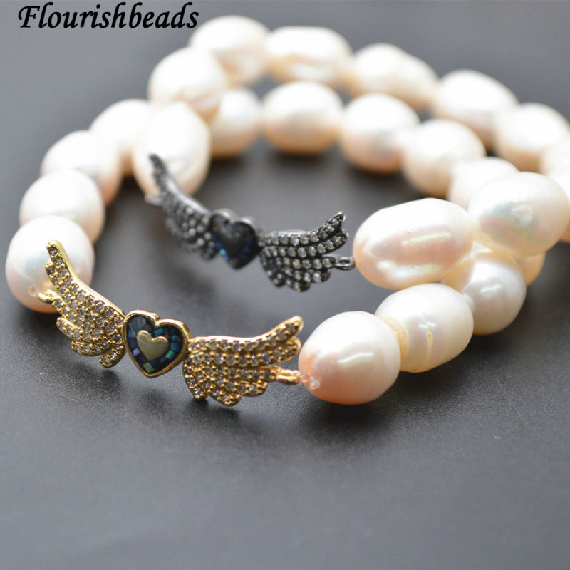 Natural White Pearl Potato Beads Paved CZ Double Angel Wings Metal Charms Stretch Bracelet Wholesale Jewelry