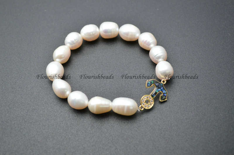 CZ Beads&amp;Abalone Shell Setting Metal Anchor Charm Natural Pearl Beads Bracelets