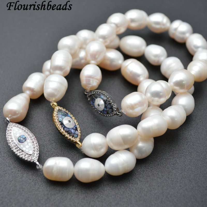 Natural Abalone Shell and CZ Beads Micropave Setting Metal Eye Charm White Pearl Beasds Stretch Bracelets Fashion Jewelry