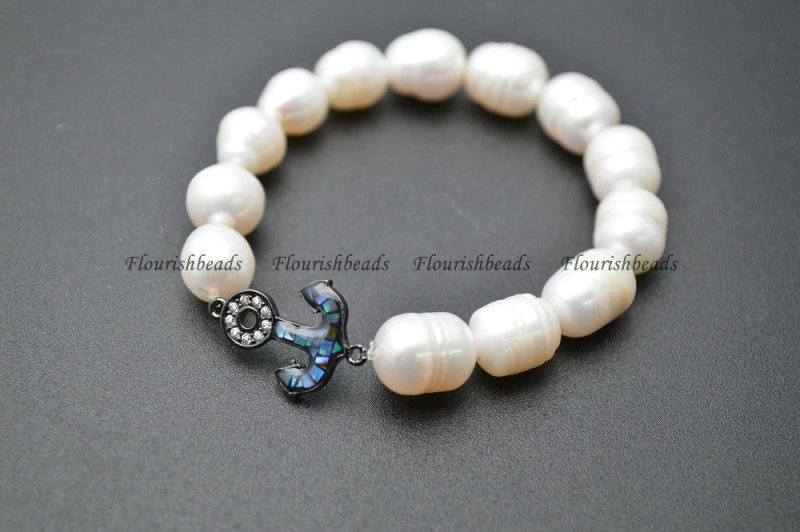 CZ Beads&amp;Abalone Shell Setting Metal Anchor Charm Natural Pearl Beads Bracelets