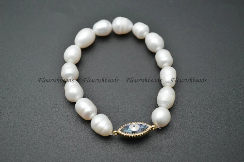 Natural Abalone Shell and CZ Beads Micropave Setting Metal Eye Charm White Pearl Beasds Stretch Bracelets Fashion Jewelry