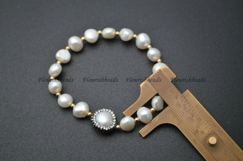 Paved Black Crytal Natural White Pearl Baroque Beads Stretch Bracelets Fashion Woman Party Jewelry