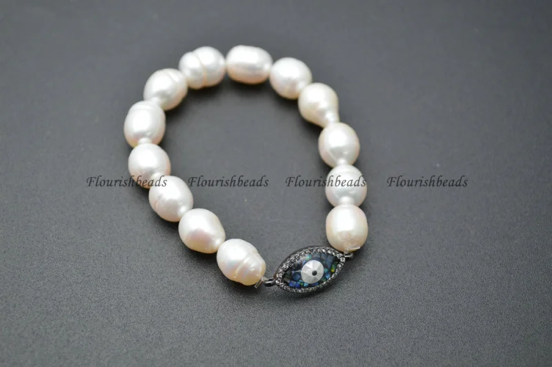 Natural Abalone Shell and CZ Beads Micropave Setting Metal Eye Charm White Pearl Beasds Stretch Bracelets Fashion Jewelry