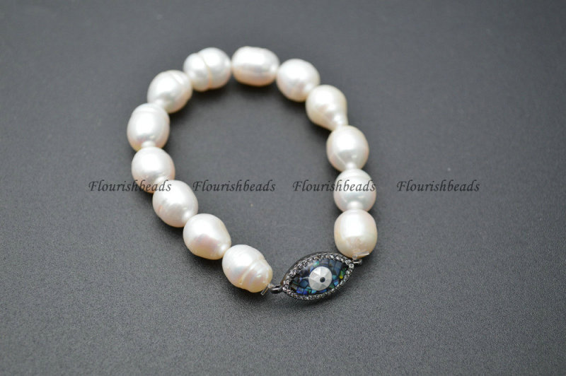 Natural Abalone Shell and CZ Beads Micropave Setting Metal Eye Charm White Pearl Beasds Stretch Bracelets Fashion Jewelry