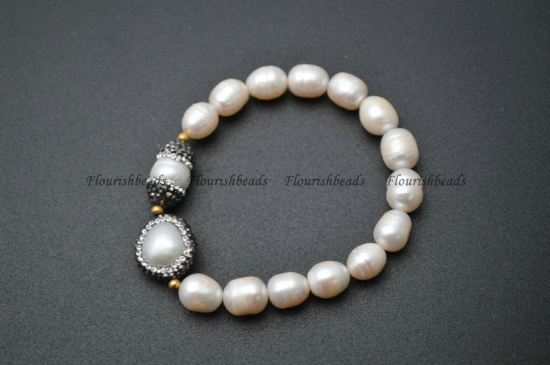 Paved Black Crytal Beads Natural White Pearl Beads Charm Bracelets Fashion Woman Party Jewelry
