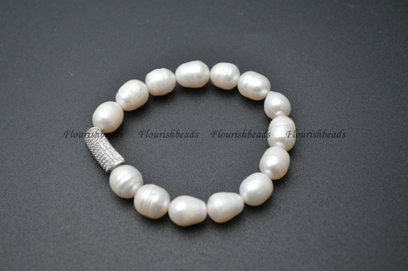 CZ Beads Micropave Setting Metal Tube Charm White Pearl Beasds Stretch Bracelets Fashion Jewelry