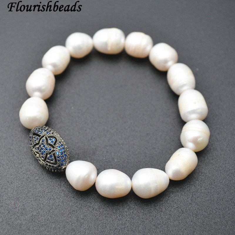 Natural White Pearl Beasds Multi Color CZ Beads Micropave Setting Metal Oval Charm Stretch Bracelets Fashion Jewelry