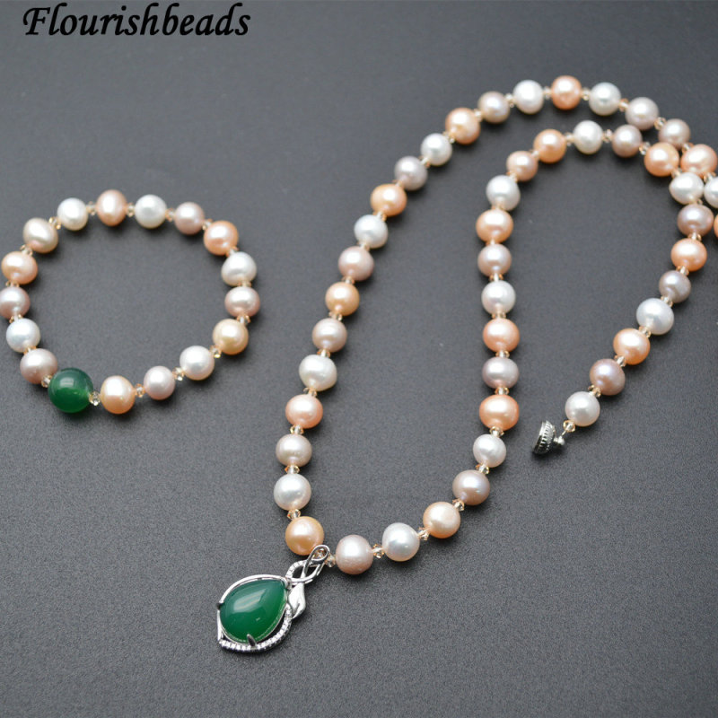 Natural Mix color Pearl Beads Green Agate Chalcedony Pendant Necklace Bracelet Jewelry Sets