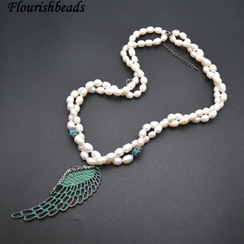 Multi Rows Natural White Pearl Rice Beads Exaggerated Metal Wing Pendant Necklace Jewelry