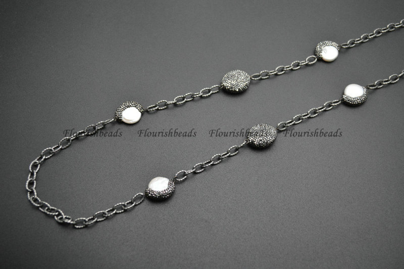 Natural White Pearl Coin Beads Linked Chains Necklace Fashion Jewelry