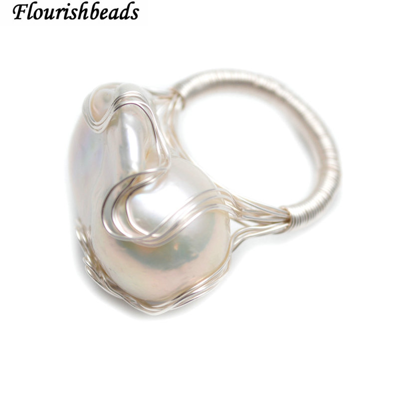 Handmade Natural White Pearl Big Baroque Wire Wrapped Rings Fashion Jewelry