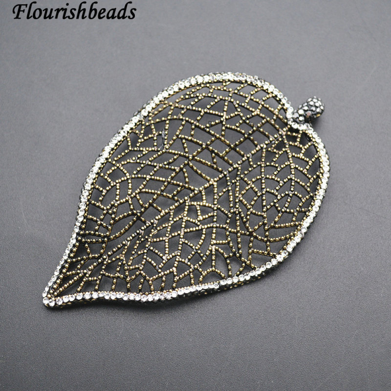 Antique Bronze color Big size Metal Leaf Shape Pendant Paved Black Crystal Beads Jewelry