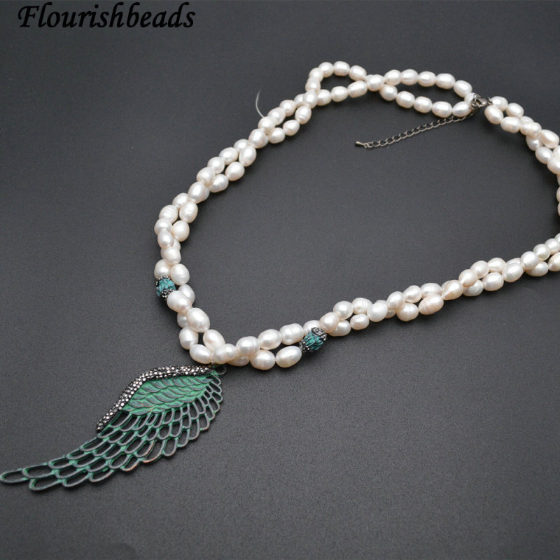 Multi Rows Natural White Pearl Rice Beads Exaggerated Metal Wing Pendant Necklace Jewelry