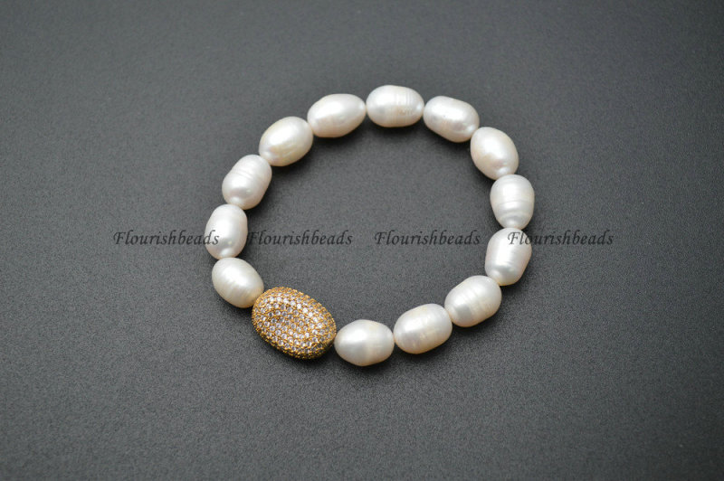 Natural White Pearl Beasds CZ Beads Micropave Setting Metal Oval Charm Stretch Bracelets Fashion Jewelry