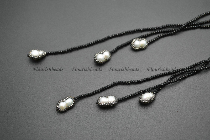 Faceted Black Glass and White Pearl Beads Multi Rows Long Chains Necklace Fashion Jewelry