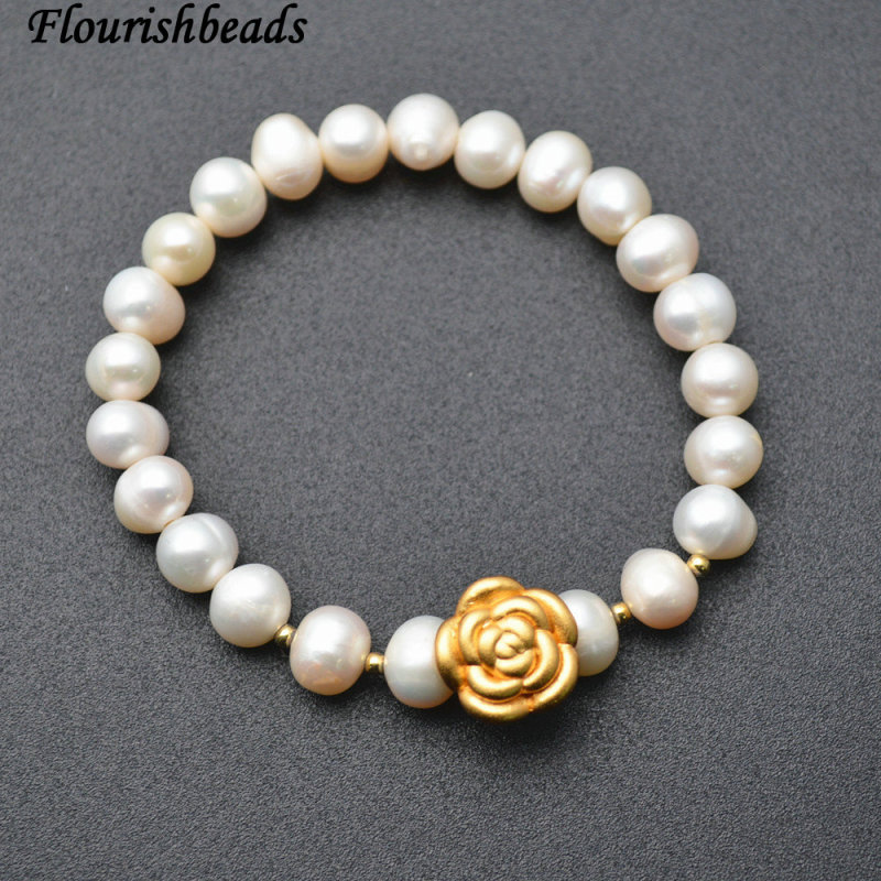 Natural White Pearl and Gold color 925 Silver Rose Flower Beasds Charm Bracelet Fashion Woman Jewelry