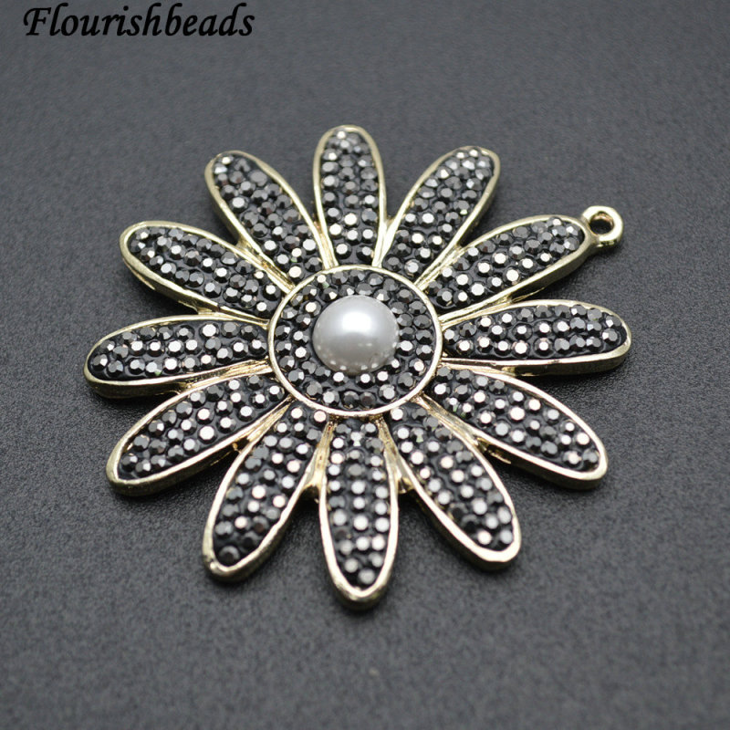 Paved Black Crystal Beads Antique Bronze color Metal Flower Pendant Jewelry