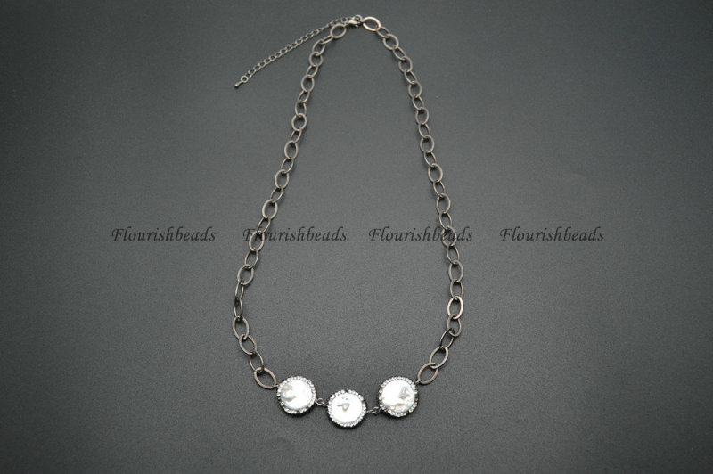 Natural White Pearl Coin Beads Linked Chains Necklace Fashion Jewelry