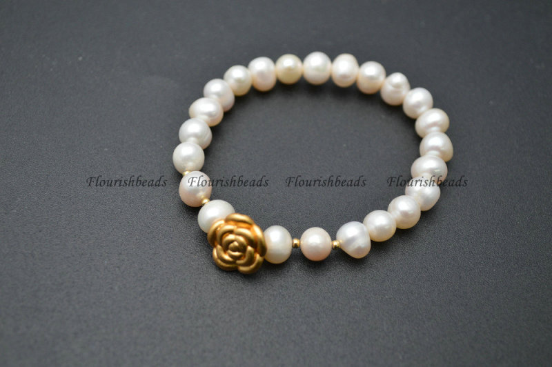 Natural White Pearl and Gold color 925 Silver Rose Flower Beasds Charm Bracelet Fashion Woman Jewelry