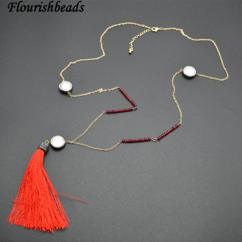 Paved Black Glass Natural White Pearl Beads Linked Long Chains Tassel Pendant Necklace Jewelry