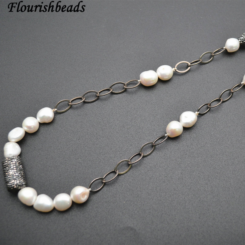 Natral White Pearl Beads Big Long Linked Chains Necklace Jewelry