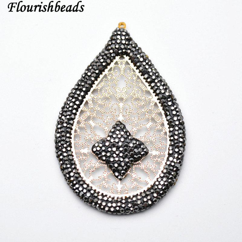 Big size Hollow out Metal Pear Shape Pendant Paved Black Crystal Beads