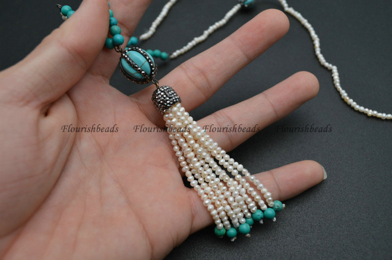 Natral White Pearl and Turquoise Seed Beads Long beaded Chains Tassel Pendant Necklace Jewelry