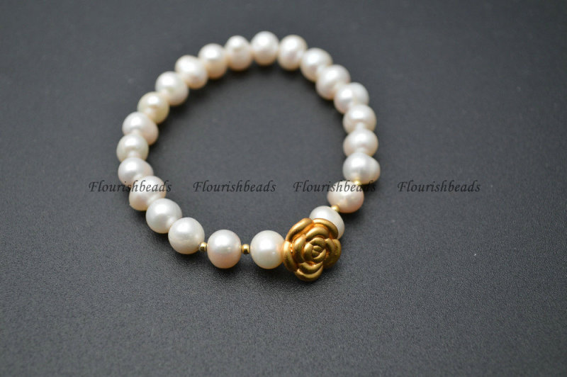 Natural White Pearl and Gold color 925 Silver Rose Flower Beasds Charm Bracelet Fashion Woman Jewelry