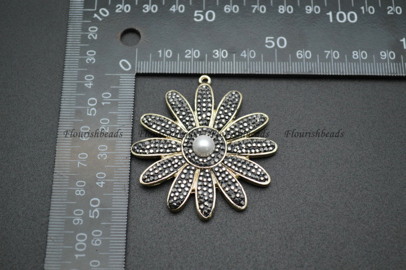 Paved Black Crystal Beads Antique Bronze color Metal Flower Pendant Jewelry
