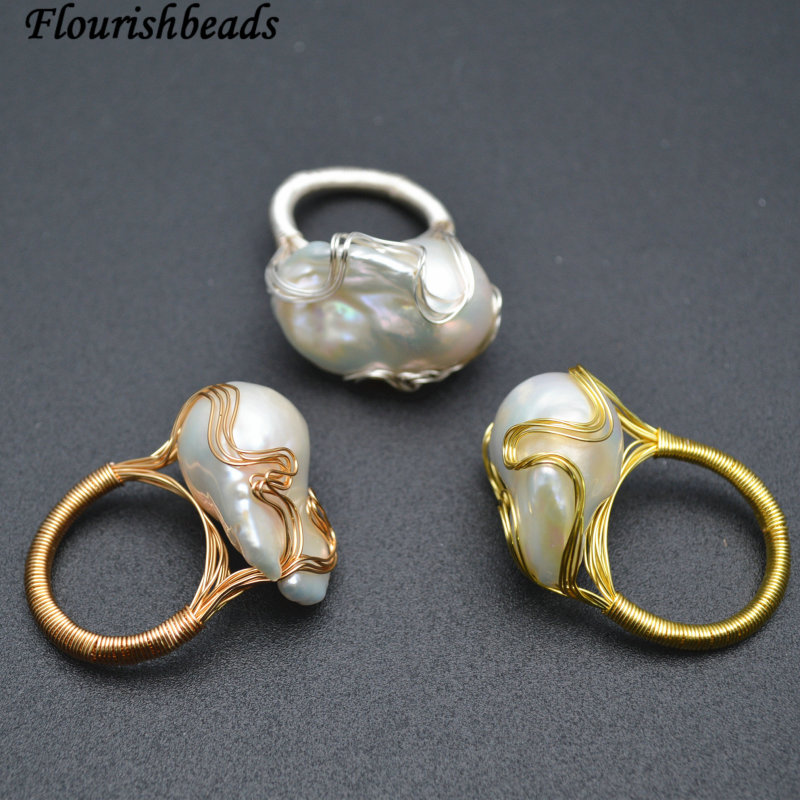 Handmade Natural White Pearl Big Baroque Wire Wrapped Rings Fashion Jewelry