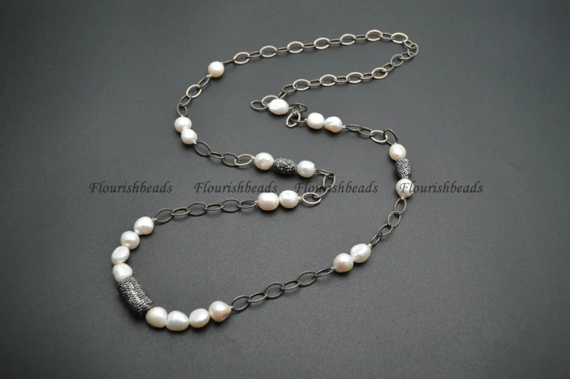 Natral White Pearl Beads Big Long Linked Chains Necklace Jewelry