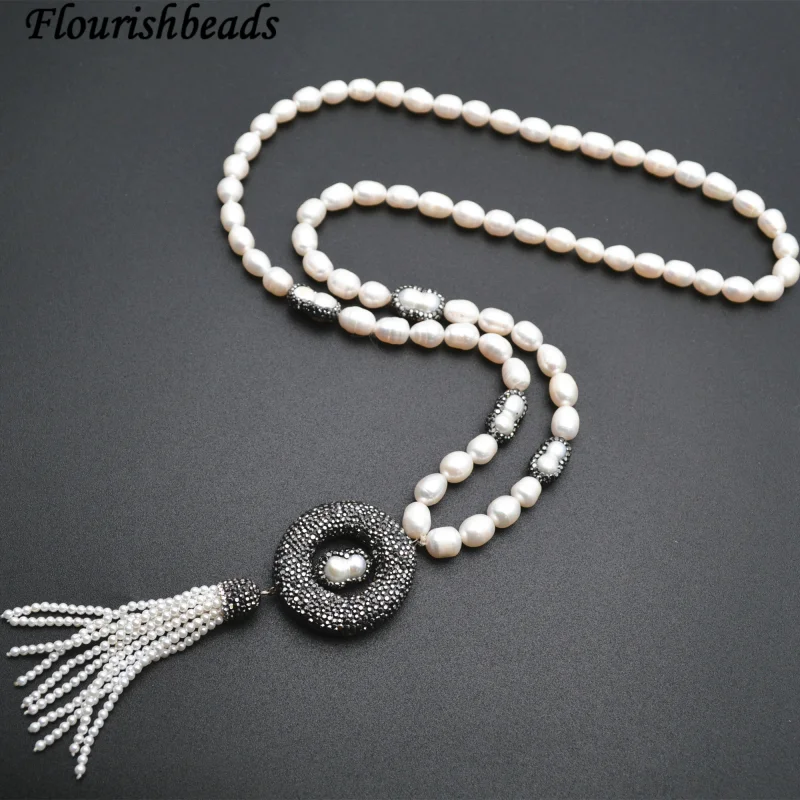 Natral White Fresh Water  Pearl Beads Tassel Pendant Ling Beaded Chains Necklace Jewelry