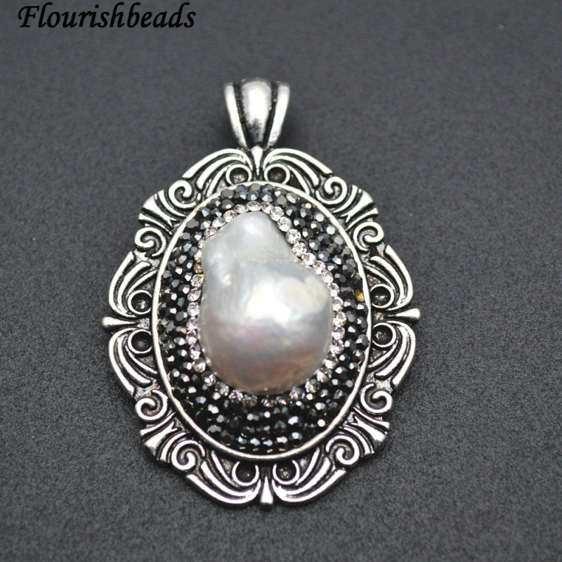 Natural White Pearl Baroque Beasds Paved Metal Frame Pendant