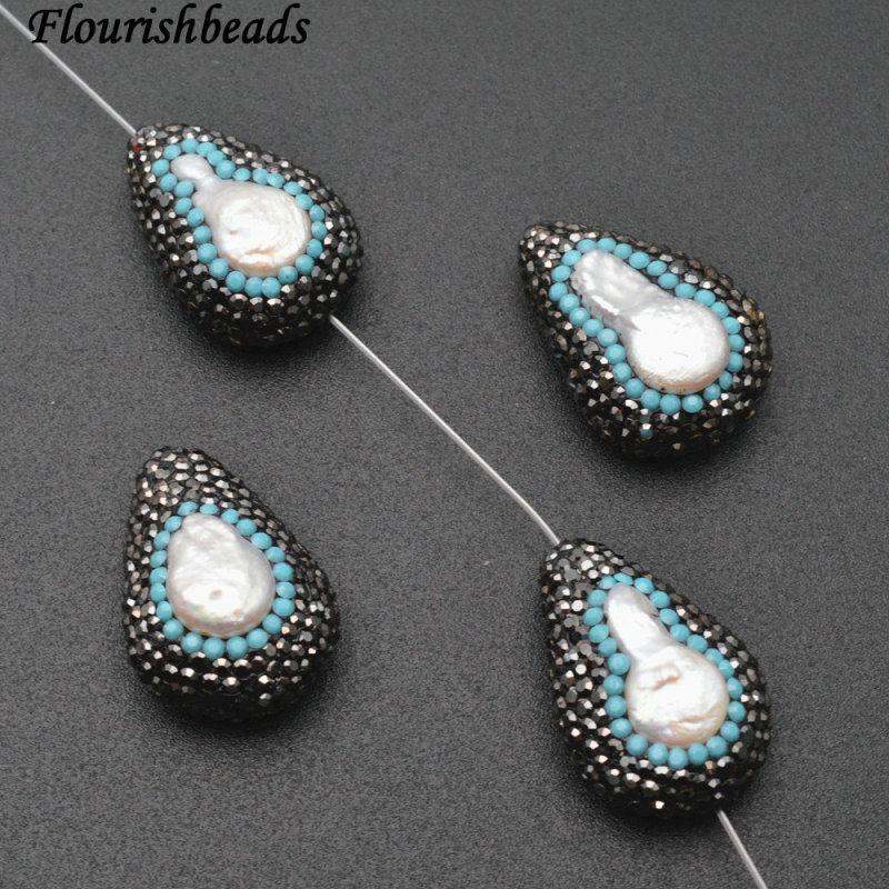 Natural White Pearl Drop Shape Loose Beads Paved Black Crystal Jewelry