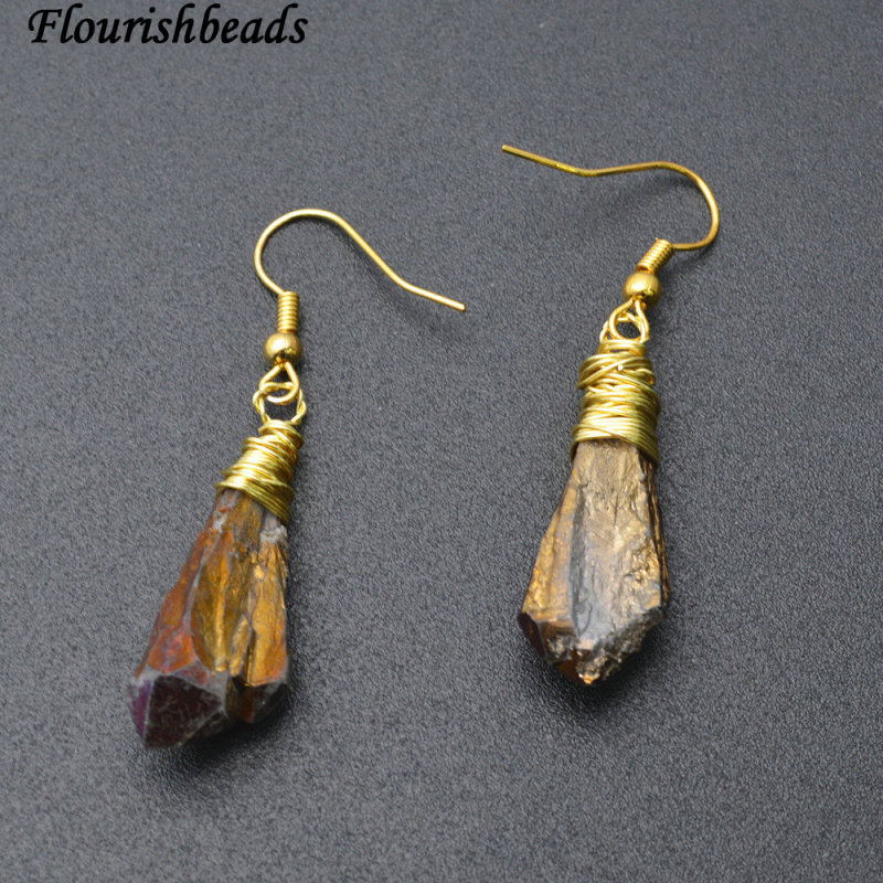 Wire Wrapped Titanium Electroplating Natural Crystal Point Stone Dangle Earrings