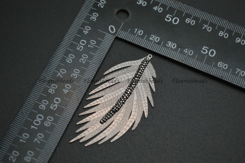 Gold Color Metal Copper Feather Shape Pendant Paved Black Crytal Beads Jewelry