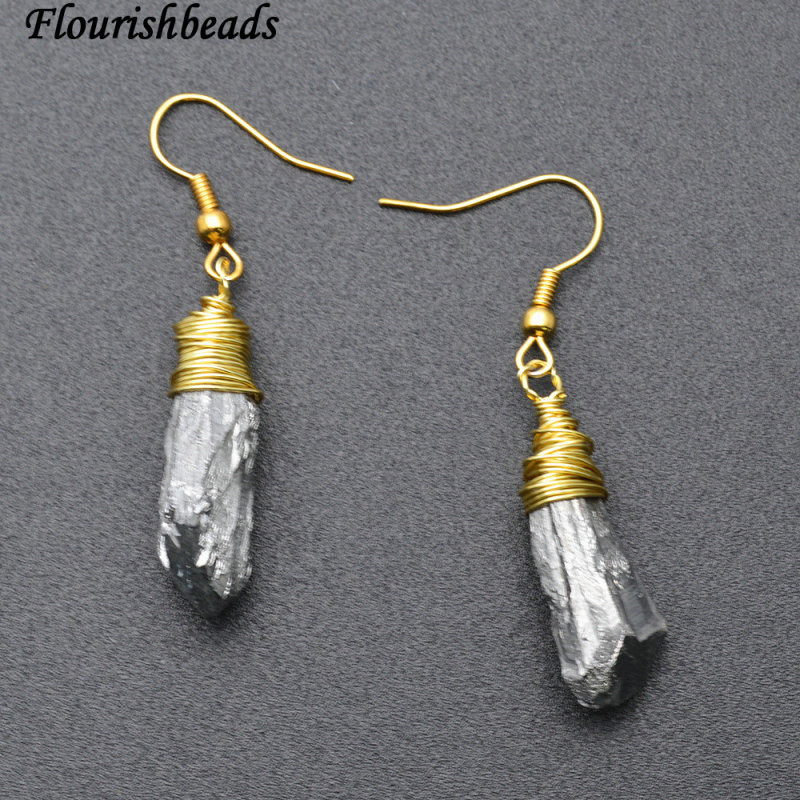 Wire Wrapped Titanium Electroplating Natural Crystal Point Stone Dangle Earrings