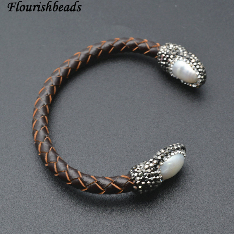 Natural White Pearl Bouble Beads Coffee Color Leather Cord Bangle Bracelet Jewelry
