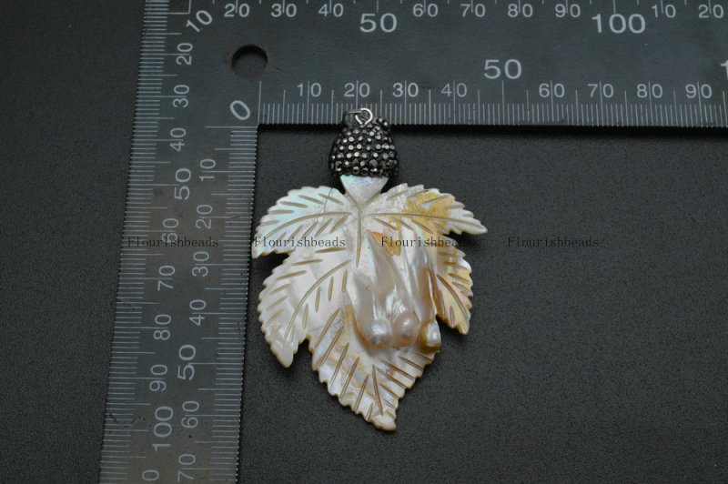 Natural MOP Mother of Shell Maple Leaf Pendant Paved Black Crystal Beads Setting Jewelry