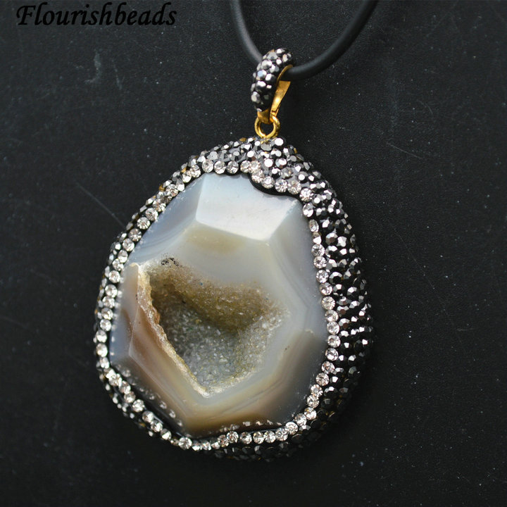 Crystal Beads paved Geode Druzy Agate Pendant Leather cord chains Necklace