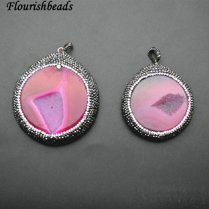Hot Pink Druzy Agate Round Shape Pendant Paved Crystal Beads Jewelry