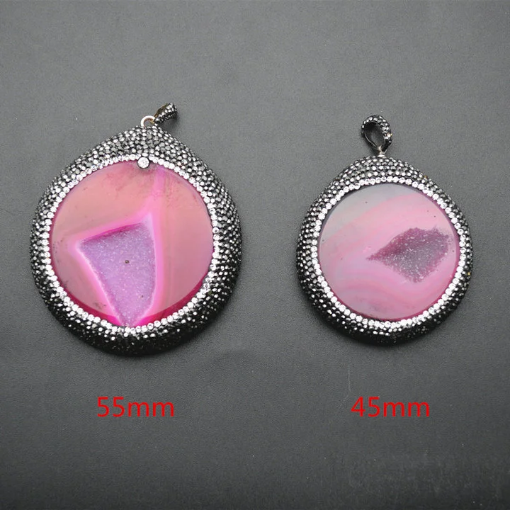 Hot Pink Druzy Agate Round Shape Pendant Paved Crystal Beads Jewelry