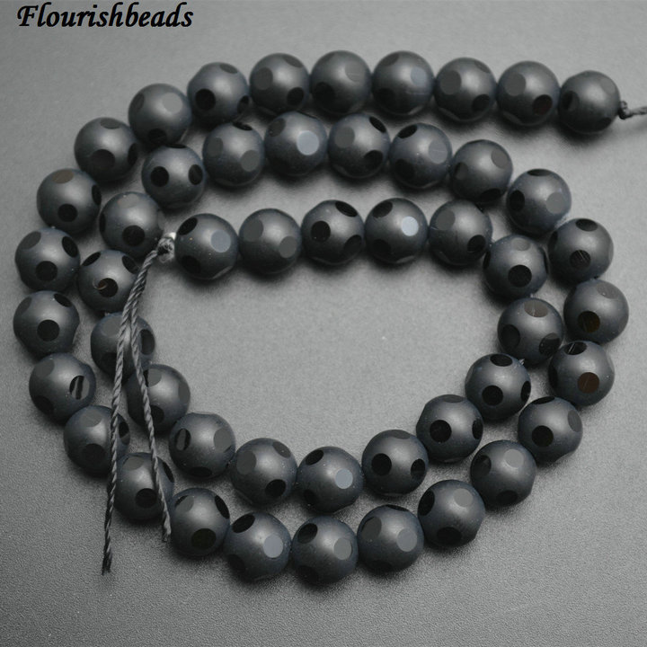 Big size Faceted Cutting Football Shape  Matte Black Agate Stone Round Loose Beads